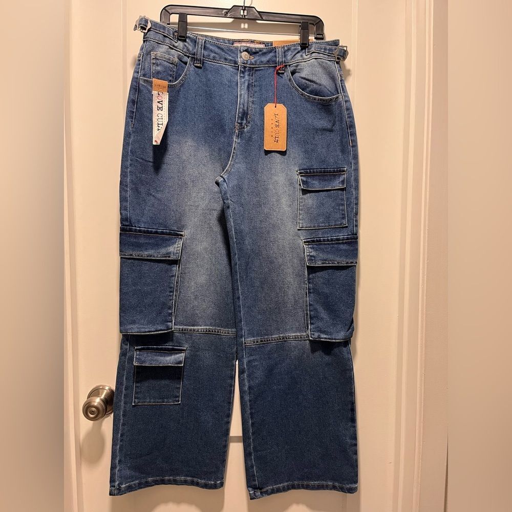 Love Cult Denim Wide Leg Cargo Jean Distressed Mid Rise Cotton Pants Size 11